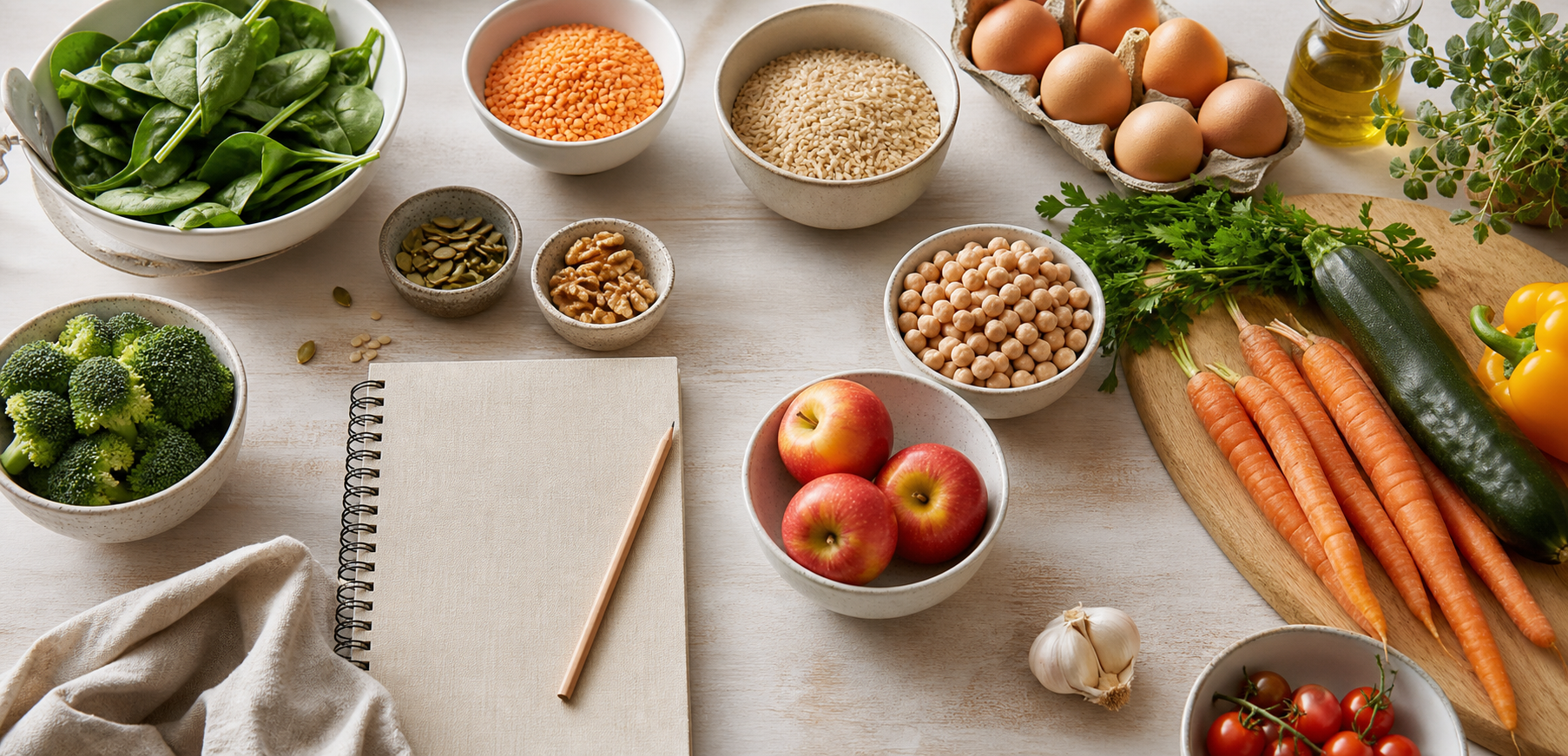 Ingrediënten voor een voedzame weekplanning op een lichte keukentafel